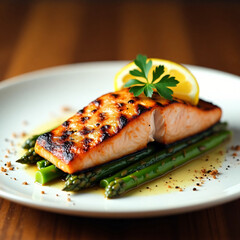 Grilled Salmon Fillet with Asparagus and Lemon