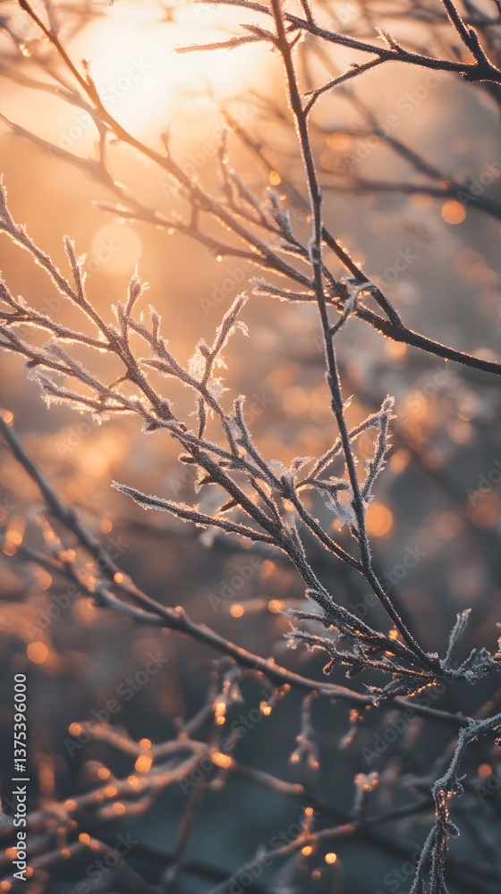 Poster ethereal close up shot of delicate tree branches covered in intricate frost patterns illuminated by 