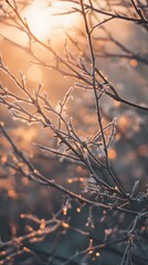 Ethereal close up shot of delicate tree branches covered in intricate frost patterns illuminated by a warm bright light in the background creating a contemporary cinematic mood
