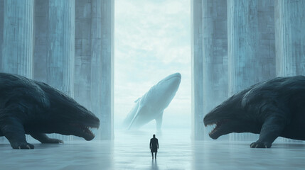 Mystical Encounter: A solitary figure stands in awe, facing two gargantuan creatures with a massive whale rising in the heavens, a breathtaking vision of the surreal and the majestic.
