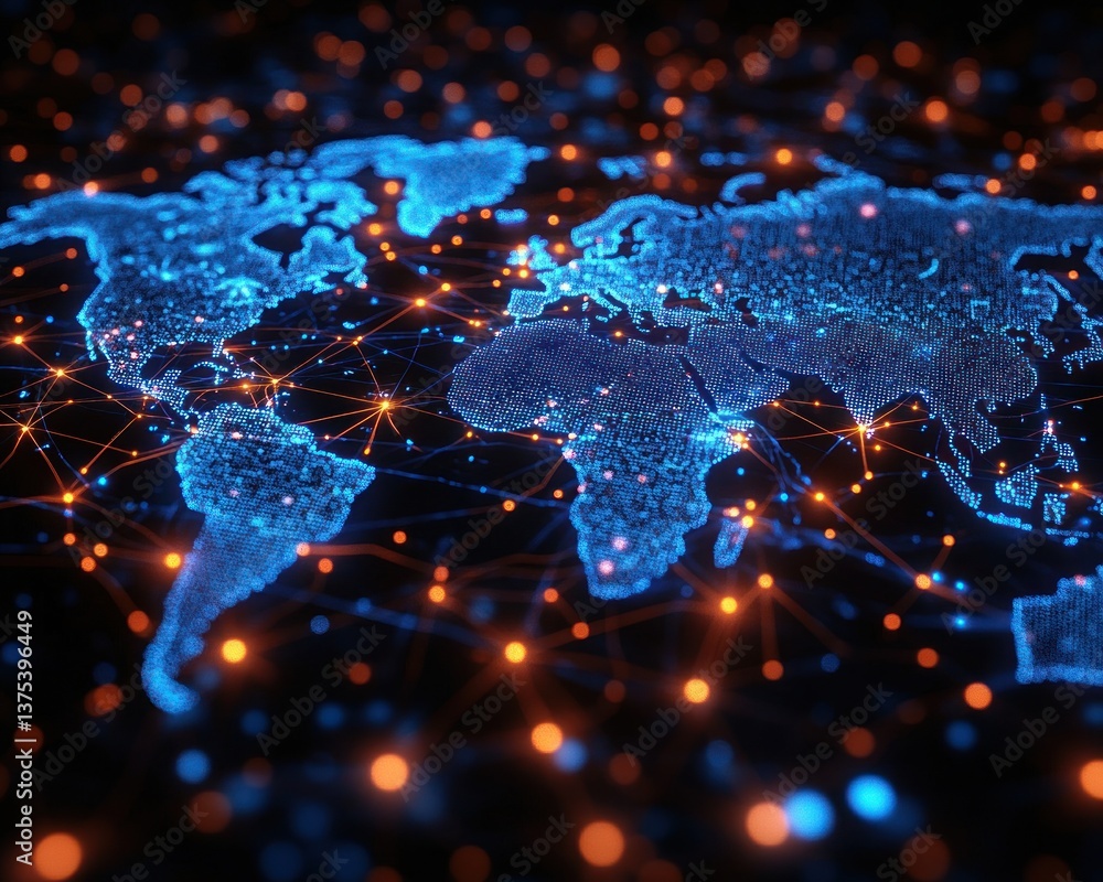 Aufkleber global connection and network concept in futuristic technology with digital earth map and neon accen