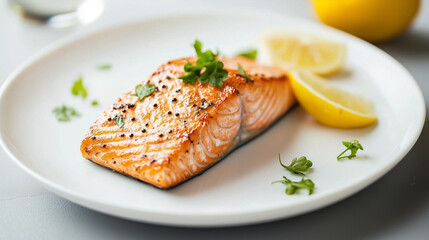 Gourmet Salmon Delight: A mouthwatering, cooked salmon fillet on a pristine white plate, garnished with fresh herbs and lemon wedges, offering a feast for the eyes.
