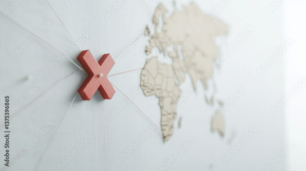 Poster destination marked: a detailed world map is highlighted with a bold red x, symbolizing a specific lo