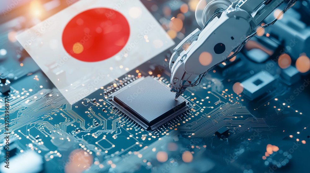 Poster tech japan: a symbolic depiction of technological prowess in japan, with a robotic arm interacting w