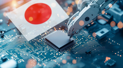 Tech Japan: A symbolic depiction of technological prowess in Japan, with a robotic arm interacting with a central processing unit, underscored by the Japanese flag.