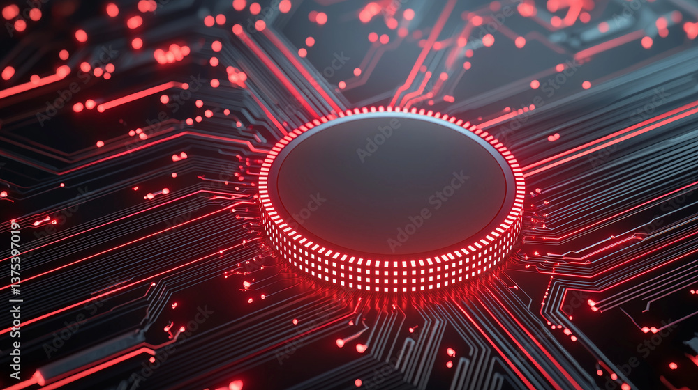 Poster innovation circuit: a macro shot of a modern computer chip, radiating with futuristic red lights, re
