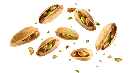 Pistachio Nuts: A close-up shot capturing an array of freshly cracked pistachio nuts, their vibrant green kernels showcased against a neutral backdrop, a celebration of natural snack.