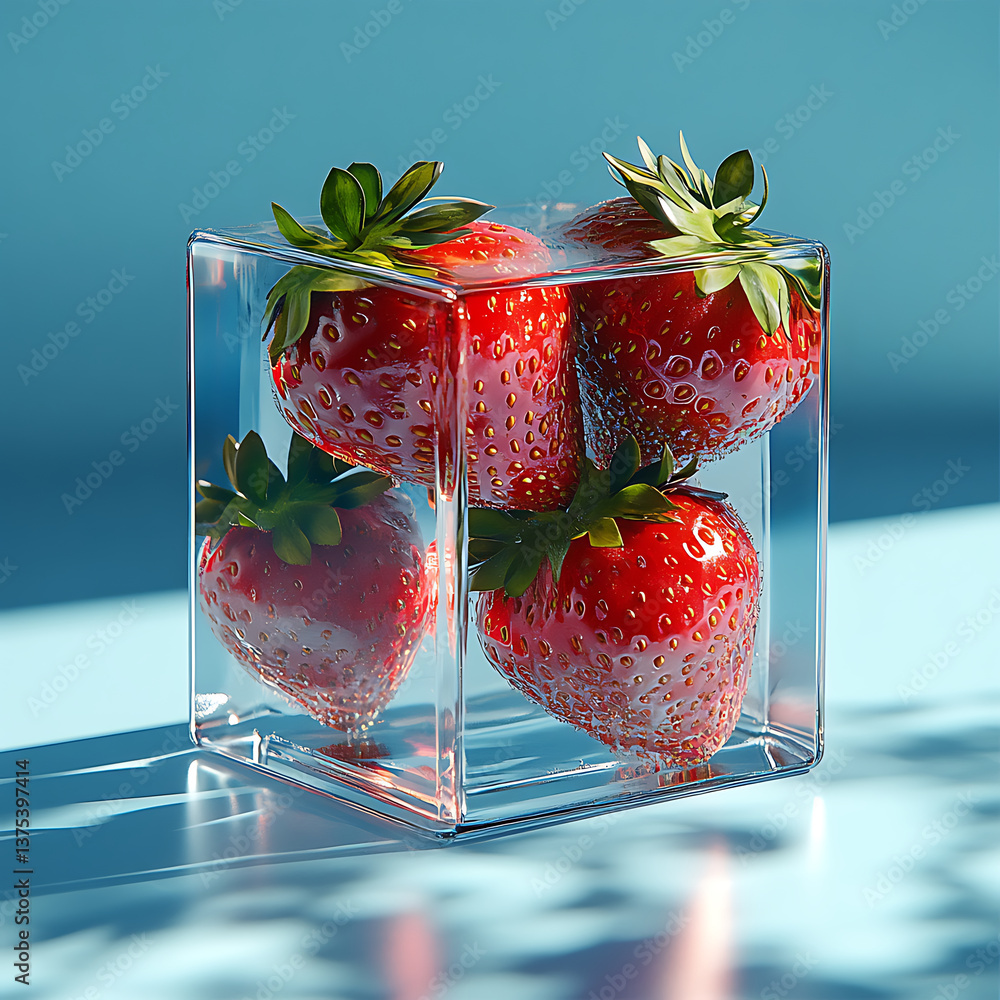 Poster fresh strawberries displayed in transparent cube, showcasing their vibrant red color and shiny textu