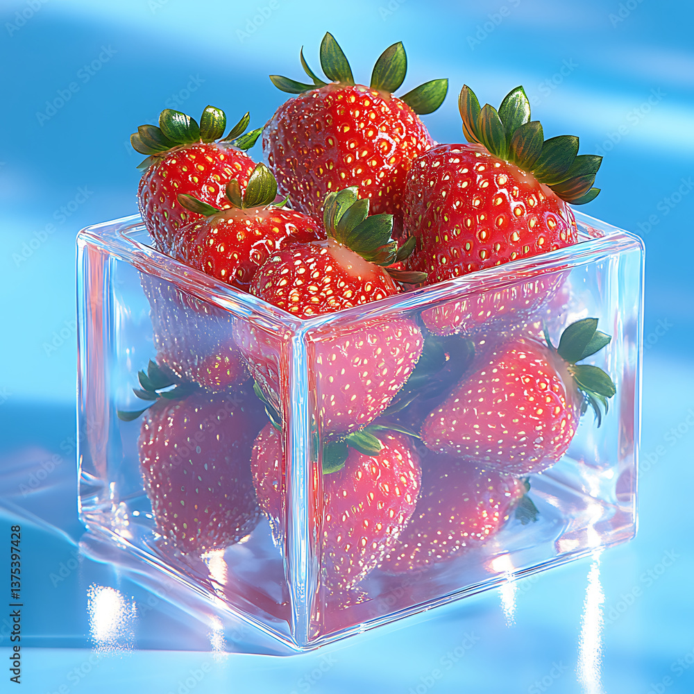 Poster fresh strawberries in transparent cube container create vibrant and appealing display. shiny surface