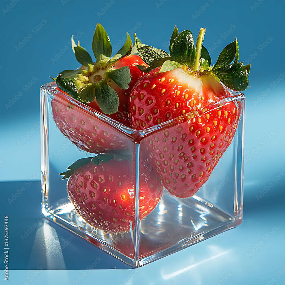 Poster fresh strawberries in transparent cube container create vibrant and appealing display. shiny surface