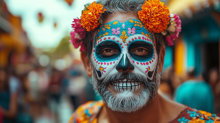 Fototapeta premium Colorful celebration of Dia de los Muertos with decorated face in Mexico
