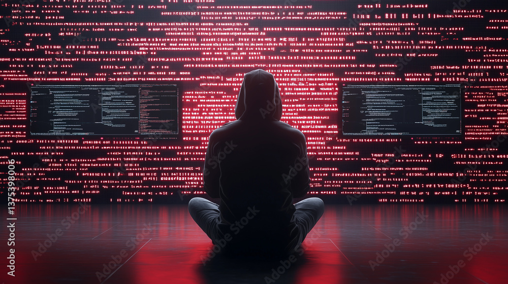 Aufkleber anonymous hacker: a shadowy figure sits poised before glowing computer screens, immersed in digital 