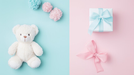Obraz premium Banner: soft toy and gift on left, empty copy space on right
