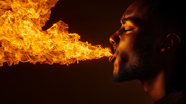 Fire breather performing in a dramatic display at night in an urban setting