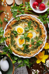 Quiche with with boiled eggs and vegetables sprinkled with fresh herbs served in casserole dish on a wooden table, top view.  Easter food idea