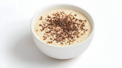Creamy Semolina Porridge with Chocolate Shavings in White Bowl on Bright Background