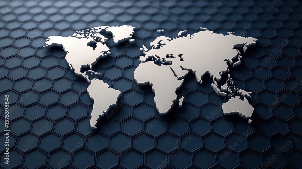 Aufkleber futuristic hexagonal world map design with cyberspace elements and modern aesthetics