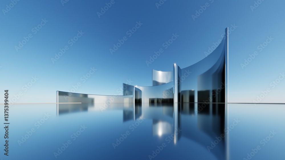 Aufkleber 3d illustration of abstract minimal architecture background, geometric architectural with chrome or metallic arch design
