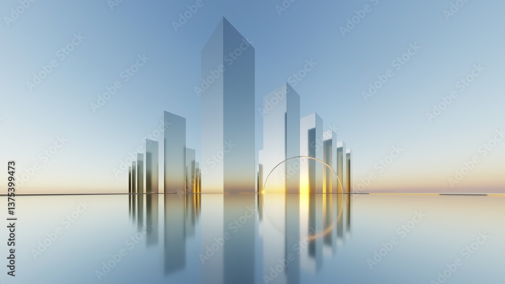 Poster 3d illustration of abstract minimal architecture background, geometric architectural with chrome or metallic arch design