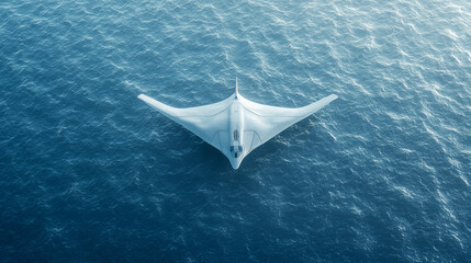 Futuristic Drone: An aerial view of a sleek, futuristic drone gracefully navigating above the vast expanse of the ocean. It represents the cutting edge of technology and the wonders of flight.