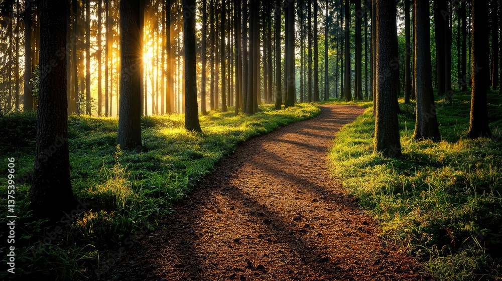 Aufkleber forest at sunset rays illuminate serene pathway in twilight concept. a serene forest pathway illumin