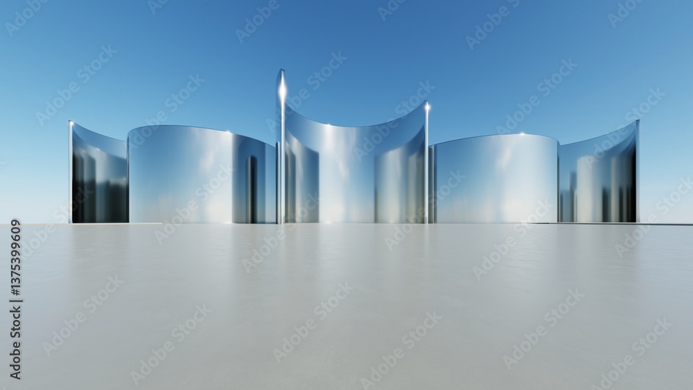Poster 3d illustration of abstract minimal architecture background, geometric architectural with chrome or metallic arch design