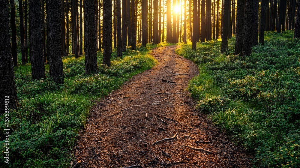 Poster forest at sunset rays illuminate serene pathway in twilight concept. a serene forest path illuminate