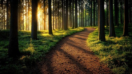Obraz premium Forest at sunset rays illuminate serene pathway in twilight concept. A serene forest pathway illuminated by soft sunlight.