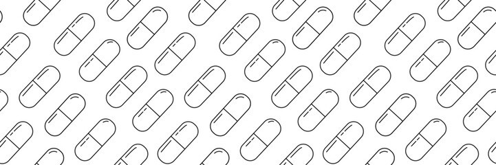 Medical papsules seamless pattern. An outline illustration of pills laid out in diagonal lines. Medications assembly line. Medical pills black and white background.