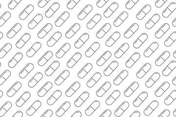 Medical papsules seamless pattern. An outline illustration of pills laid out in diagonal lines. Medications assembly line. Medical pills black and white background.