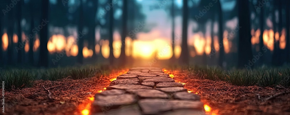 Poster forest at sunset rays illuminate serene pathway in twilight concept. calm pathway leading through a 