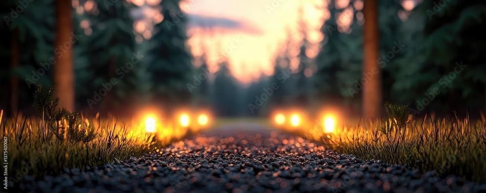 Aufkleber forest at sunset rays illuminate serene pathway in twilight concept. scenic pathway with glowing lig