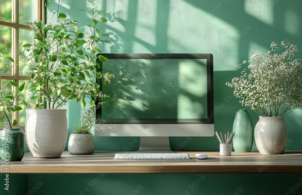Aufkleber e-learning desktop workspace with modern computer stationery and scandinavian design