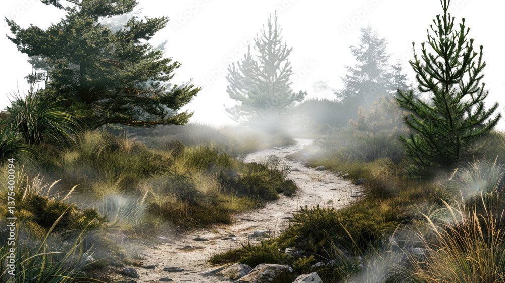 Poster path through the mist: a winding path meanders through a misty forest landscape, inviting viewers to