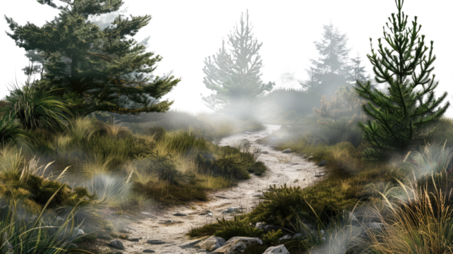 Path Through the Mist: A winding path meanders through a misty forest landscape, inviting viewers to explore the tranquil beauty of nature.