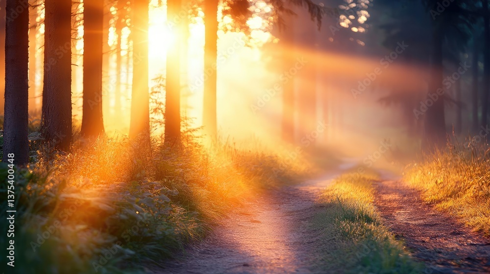 Poster forest at sunset rays illuminate serene pathway in twilight concept. golden sunlight streams through