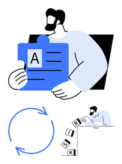 Man holding puzzle piece with letter A, circular cycle arrows indicating process flow, and figure balancing risk cubes. Ideal for teamwork, productivity, strategy, planning, decision-making, risk