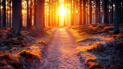 Obraz premium Forest at sunset rays illuminate serene pathway in twilight concept. A serene forest pathway illuminated by a glowing sunset.