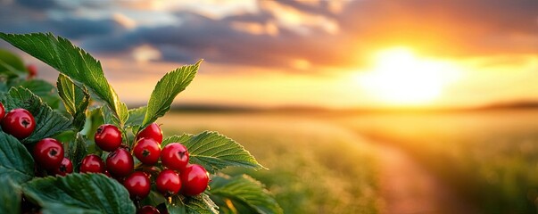 Summer berries sunset dramatic clouds with fiery sunbeam over tranquil mist concept. Vibrant berries illuminated by warm sunset light in nature.