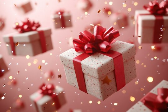 Floating Gift Box with Red Ribbon and Soft Pink Background