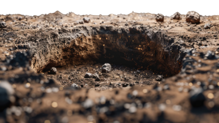 Erosion and Transformation: a dramatic view inside a pit, revealing layers of earth, rocks and stones, which suggests natural forces and processes, this photo captures a dynamic scene.