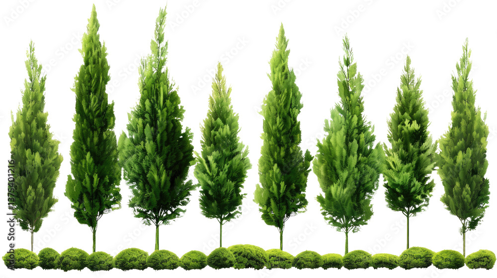 Poster ethereal row of cypress trees: a perfectly aligned row of vibrant cypress trees stands tall, symboli