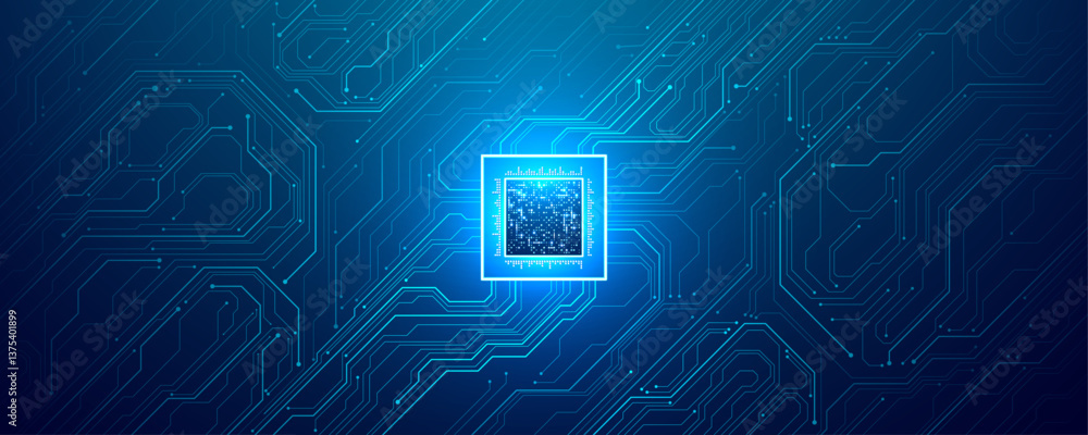Poster Abstract digital CPU AI chip or semiconductor with light bright neon on circuit blue board on technology background. Computer processor. Web banner or presentation tech bg. Vector illustration.