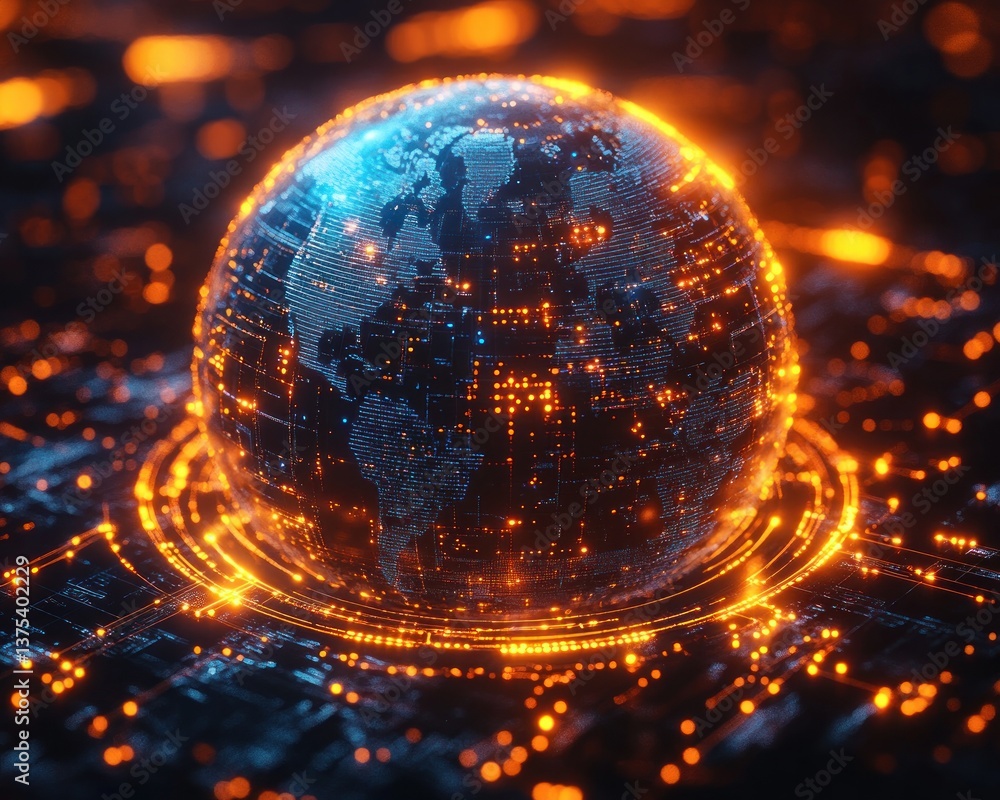 Aufkleber global network connections in cyberpunk digital space with futuristic glowing globe and circuits
