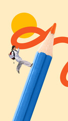 Conceptual art collage. Child climbing giant blue pencil with orange scribble, symbolizing creative...