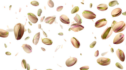 Falling Pistachios: A dynamic shot of pistachios, some shelled, scattered mid-air, suggesting a burst of flavor and freshness, making a perfect culinary backdrop.