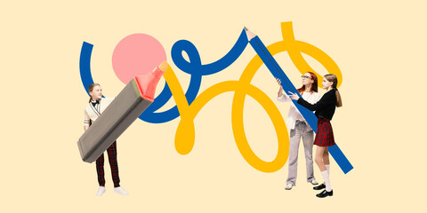 Contemporary art collage. Three students drawing giant scribbles using marker and pencil,...