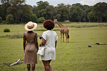 Two Women Observing Giraffes in a Lush Green Safari Landscape