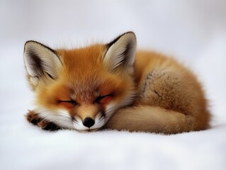 Obraz premium Adorable red fox kit curled up sleeping peacefully on a white fluffy surface.