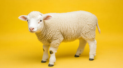 Obraz premium Fluffy lamb standing on bright yellow background
